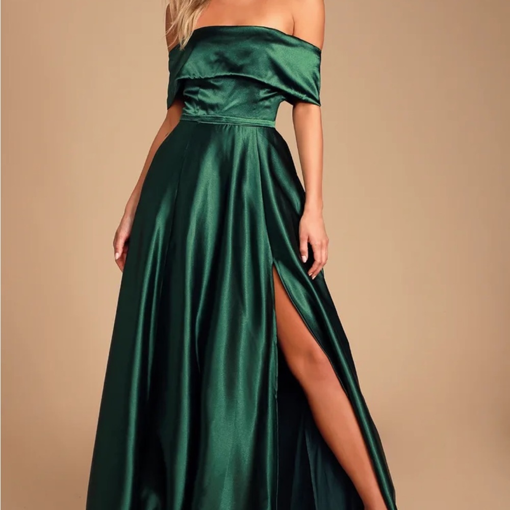 Lulus Greatest Hits Forest Green Satin Off-the-Shoulder Maxi Dress
